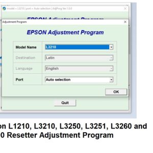 an image showing adj prog screensot along with text Epson L1210, L3210, L3250, L3251, L3260 and L5290 Resetter Adjustment Program