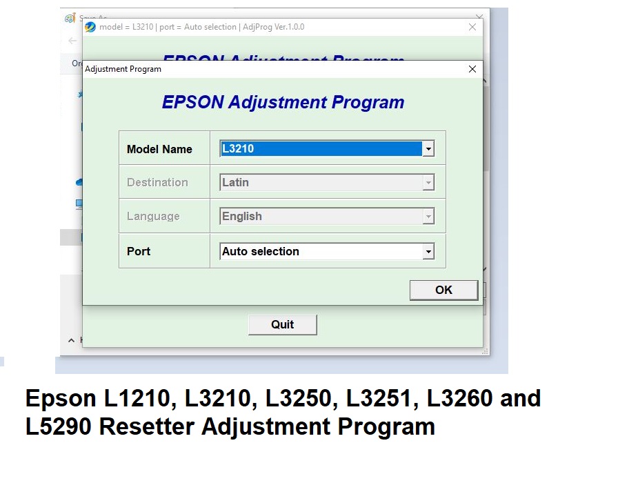 an image showing adj prog screensot along with text Epson L1210, L3210, L3250, L3251, L3260 and L5290 Resetter Adjustment Program