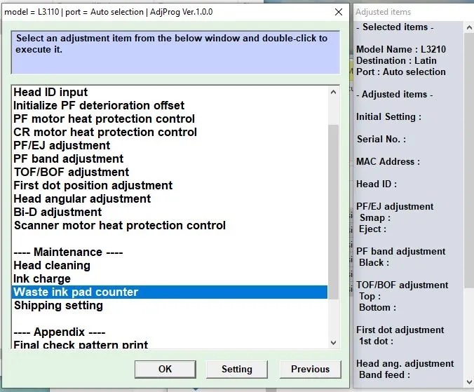 a screenshot of the epson L3110 adjjustment program